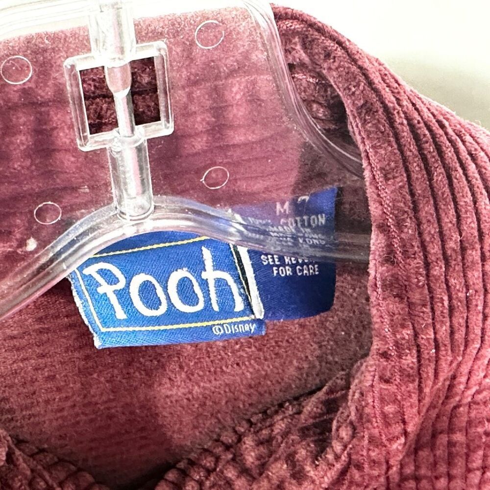 VTG Winnie the Pooh Medium Top Button Up Blouse Corduroy Embroidered Maroon 1394 - Picture 7 of 8